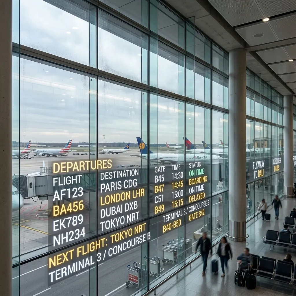 Airport glass wall showing live departures information