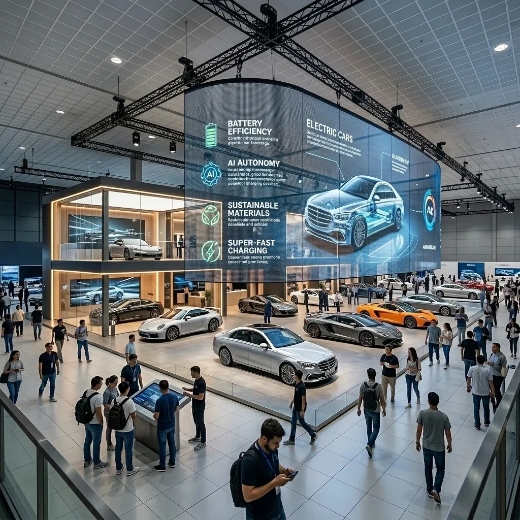 Overhead transparent info screens above cars at an auto show