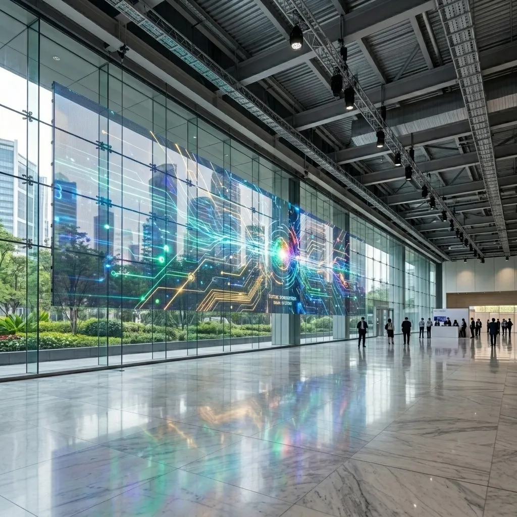 Green city visuals on an exhibition venue glass wall