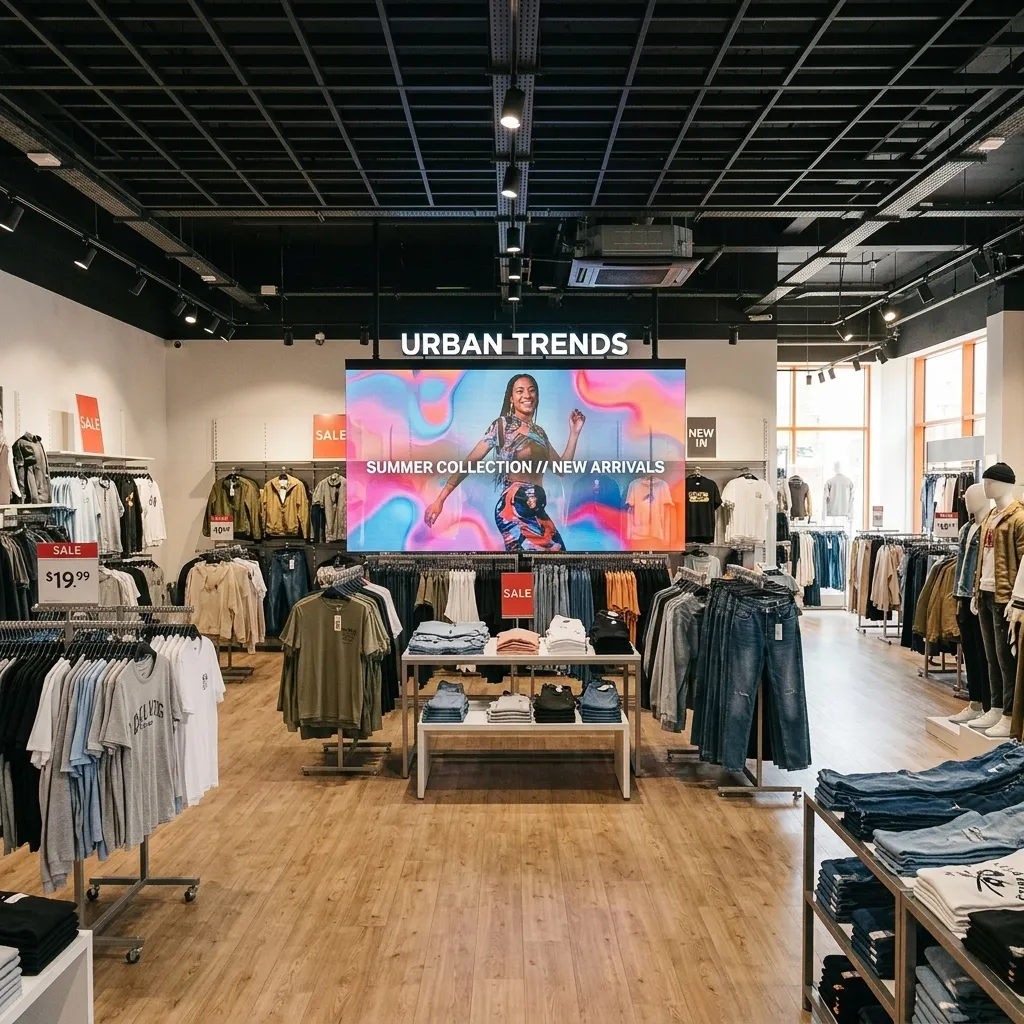 Fashion store interior with a large transparent media wall