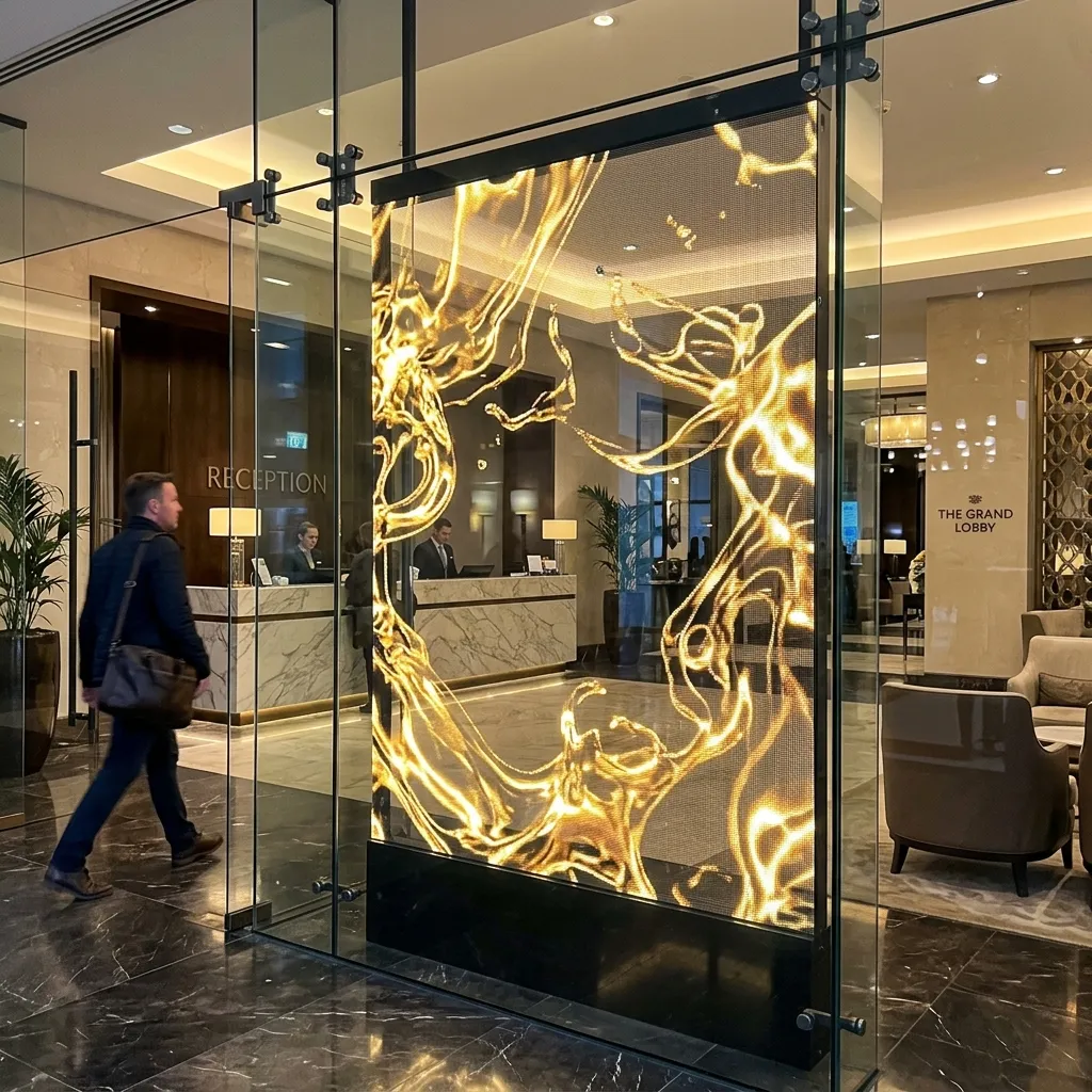 Golden ink visual flowing across hotel lobby glass