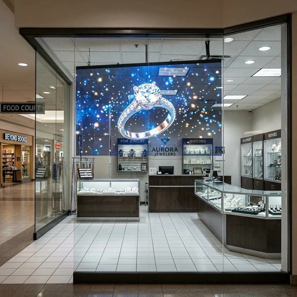 Diamond ring visual floating on jewelry store glass