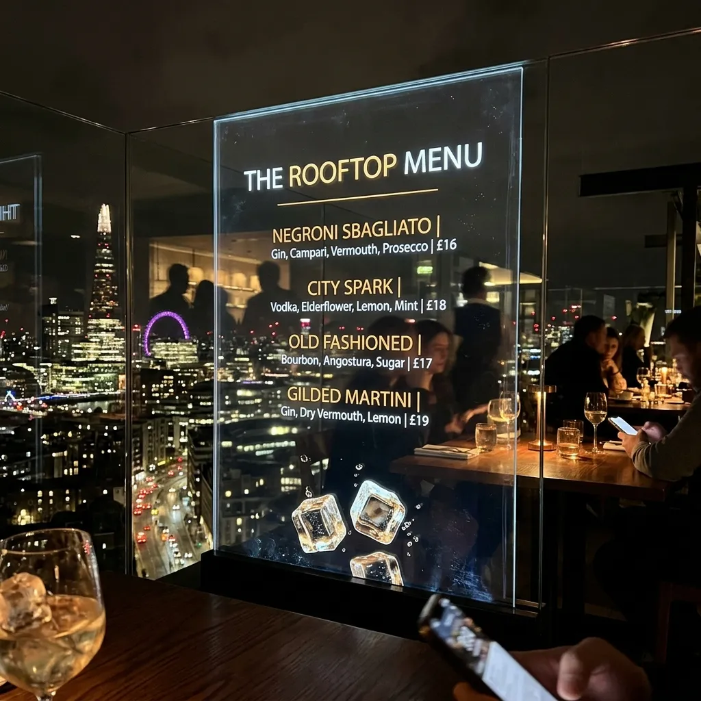 Rooftop menu displayed on restaurant bar glass