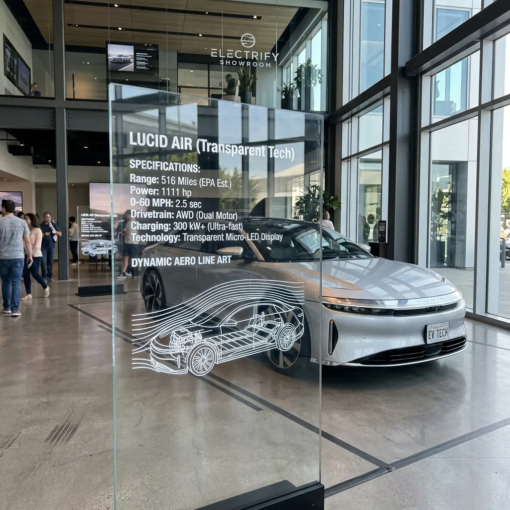 Transparent specification wall in front of a white car in a showroom
