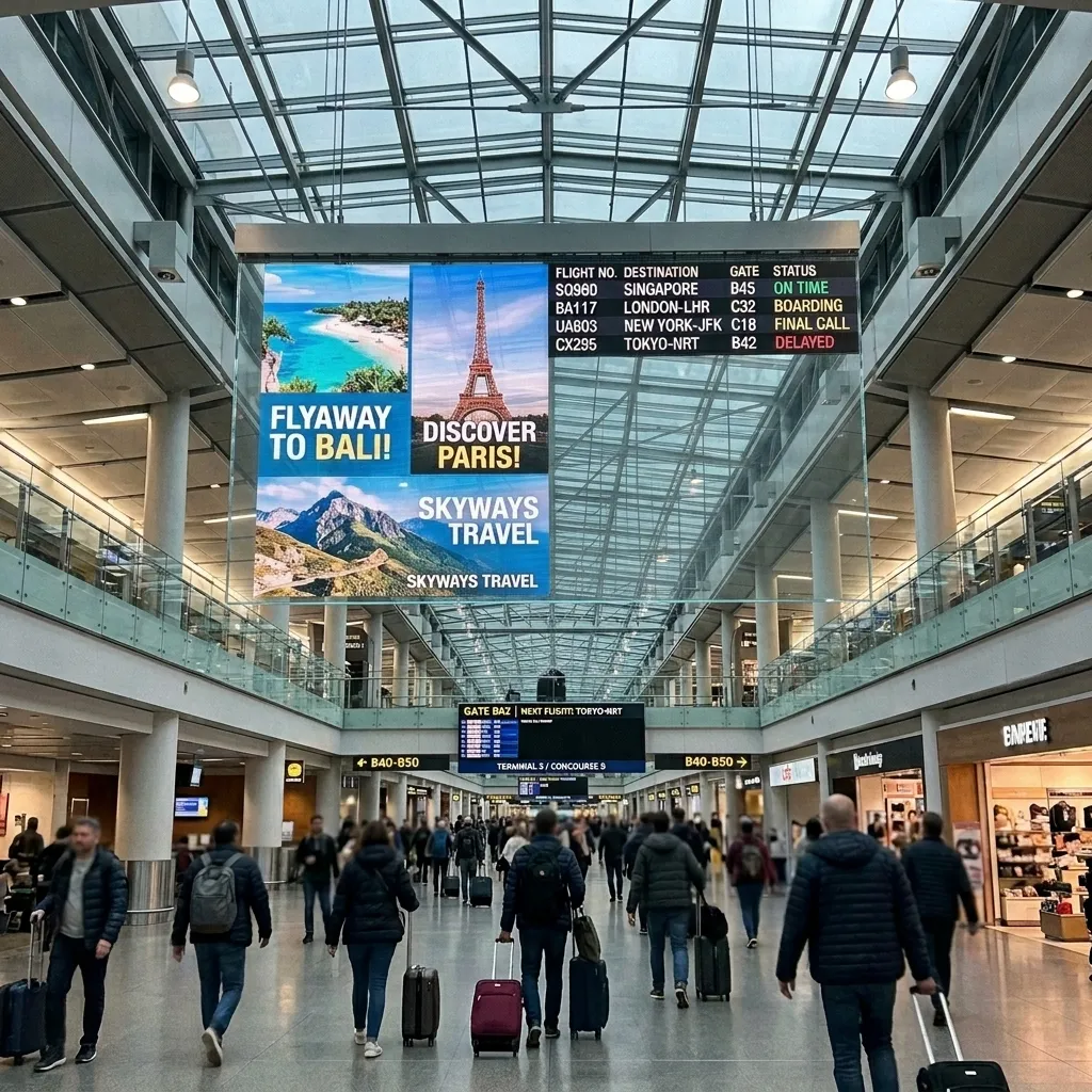 Travel ads and flight information on glass walls in a busy airport terminal