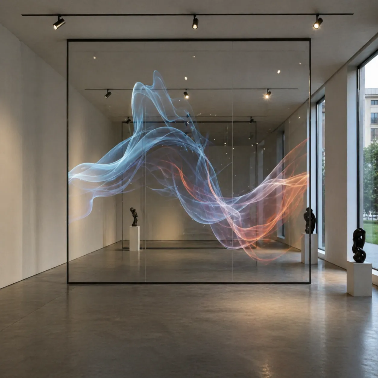 Light ribbon installation glowing in a dark gallery