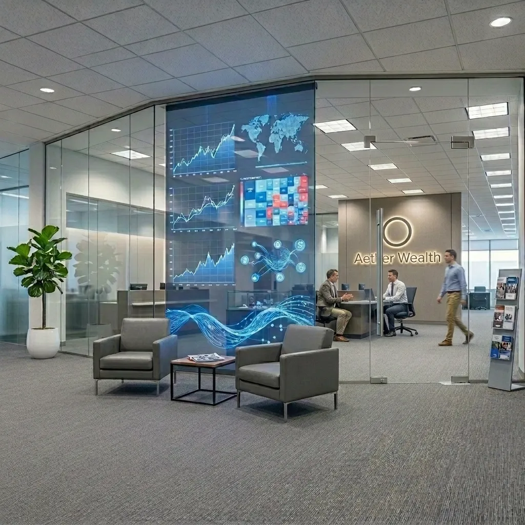 Tall transparent screens with flowing blue graphics inside a bank branch