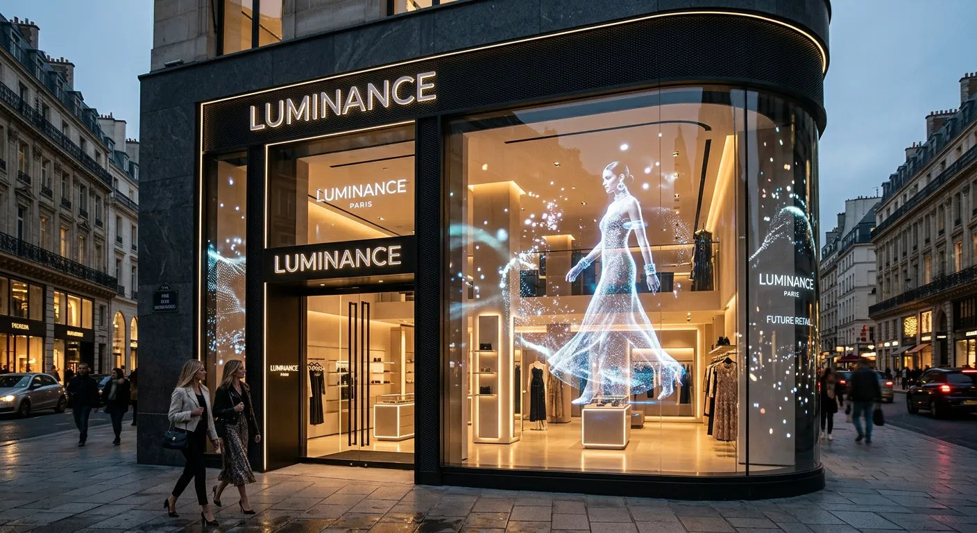 Corner boutique storefront glowing at night on a city street