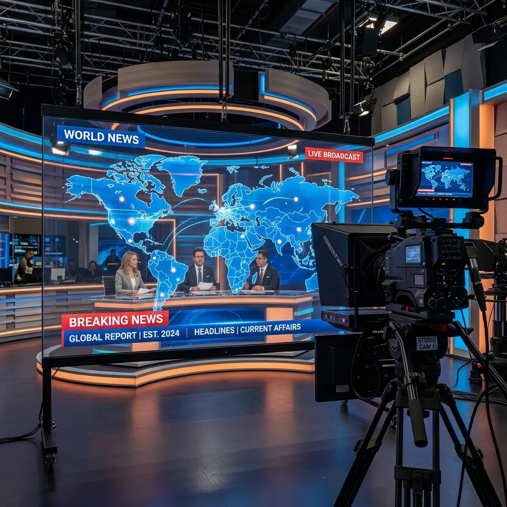 News studio set built on transparent screens