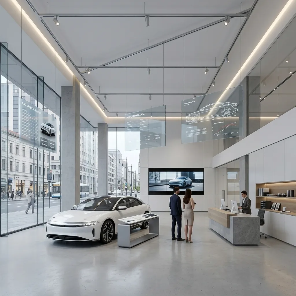 Minimalist car showroom interior with transparent display panels