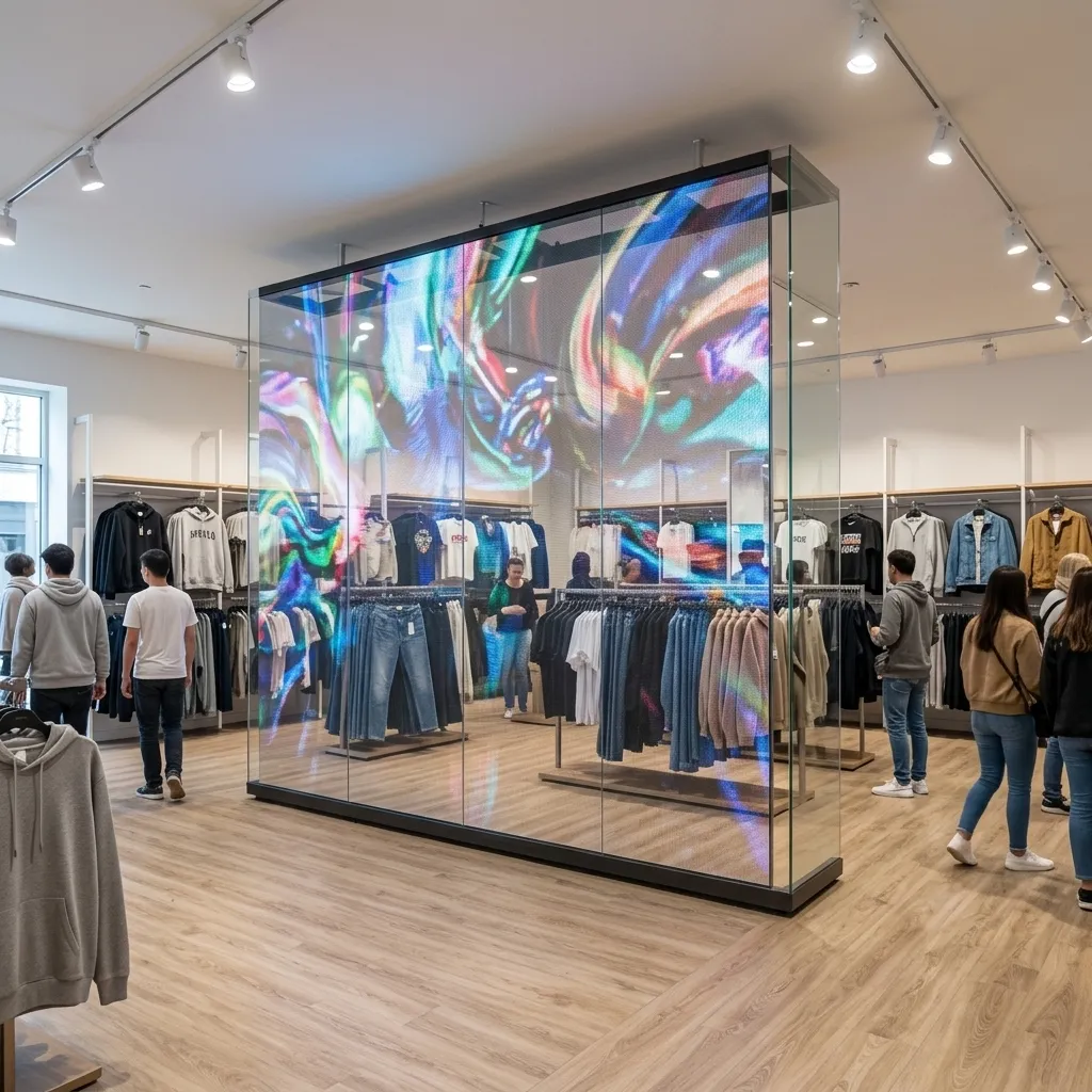 Iridescent transparent LED cube in a fashion concept store