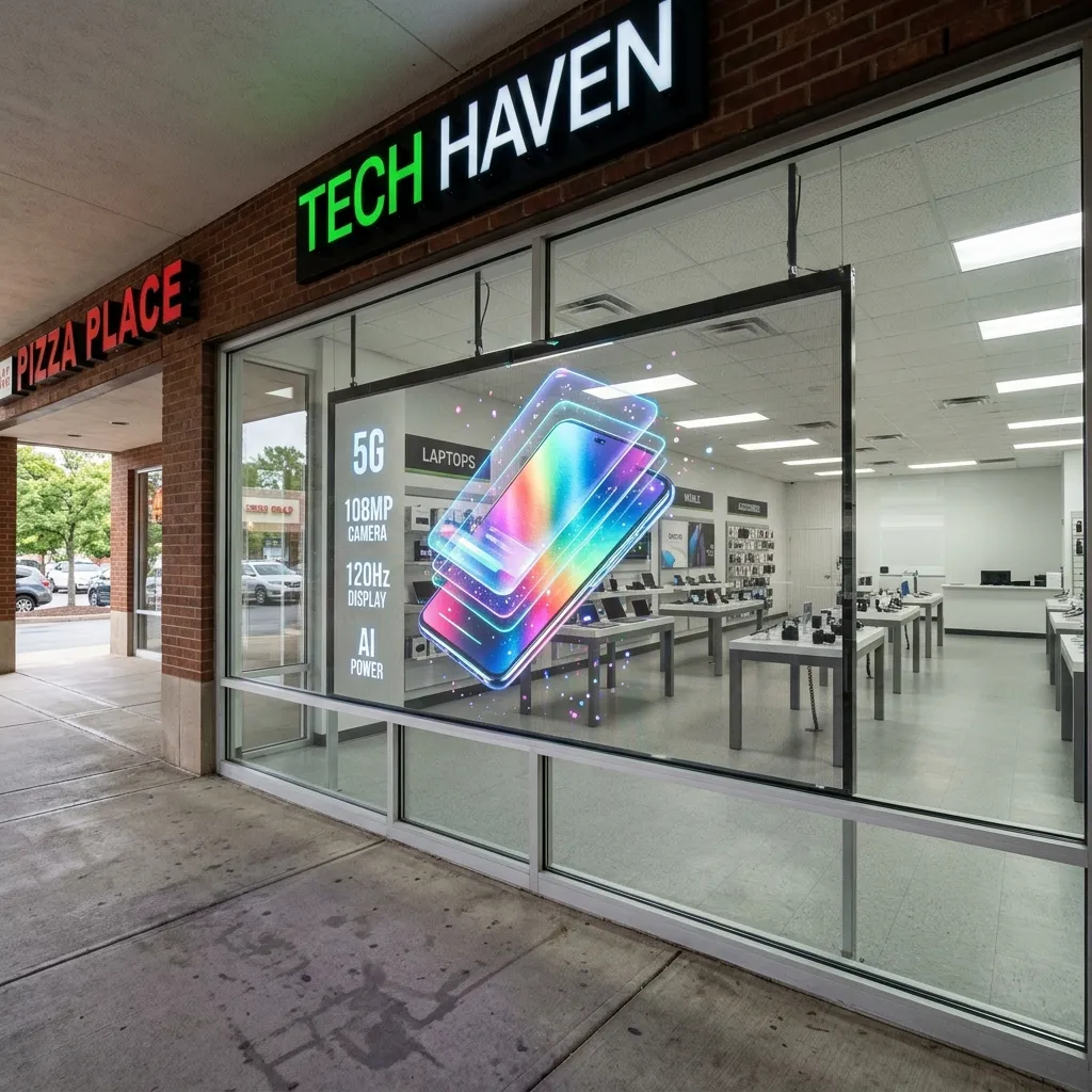 Electronics store storefront with a phone visual on transparent glass