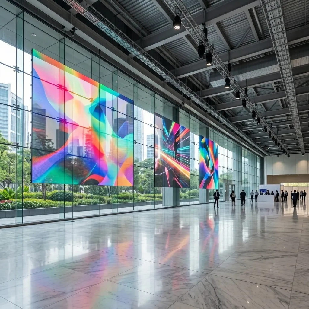 Gradient visuals across a long exhibition hall glass wall