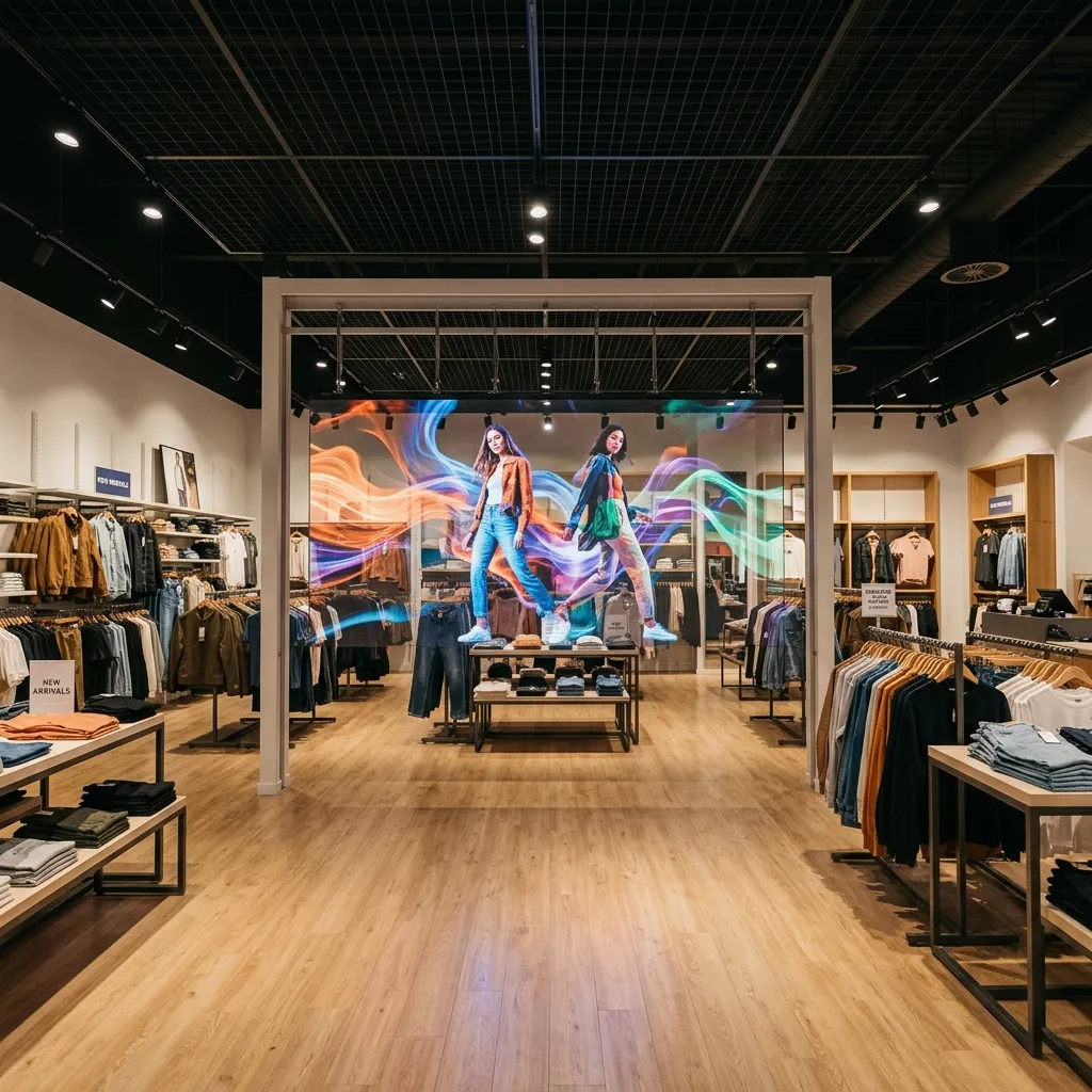 Fashion store glass wall with colorful hand visuals above clothing racks