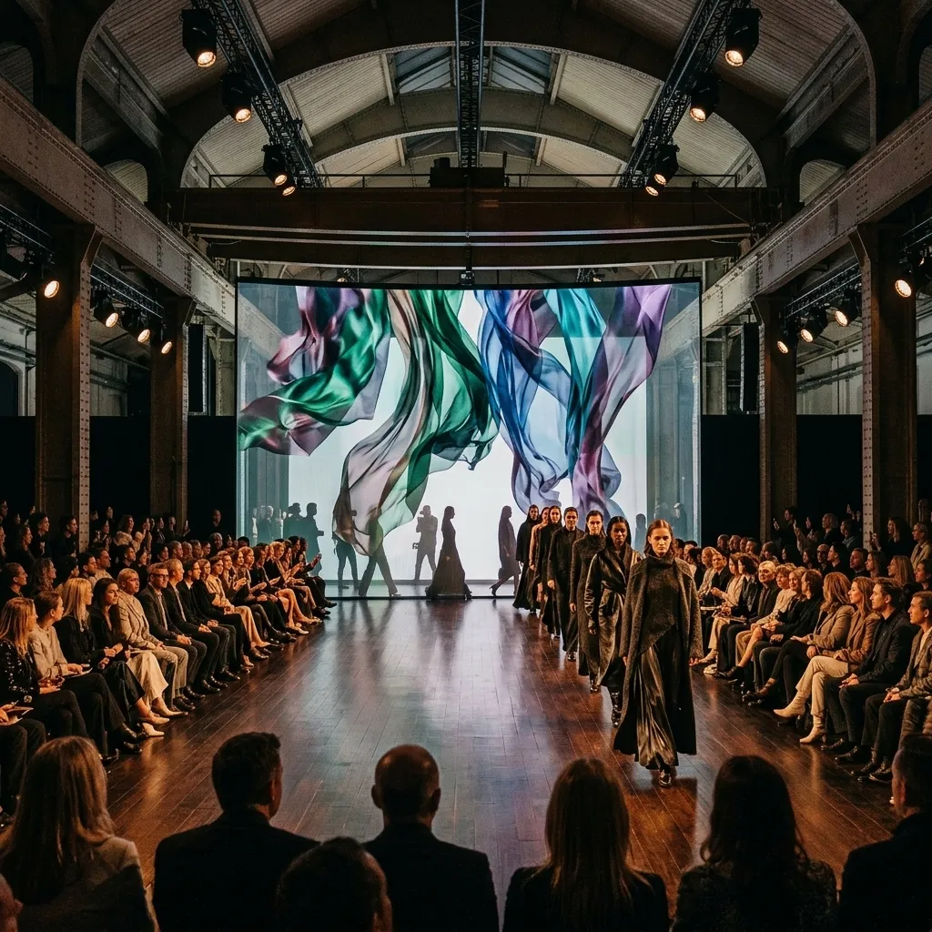 Runway framed by swirling visuals on transparent screens at a fashion show