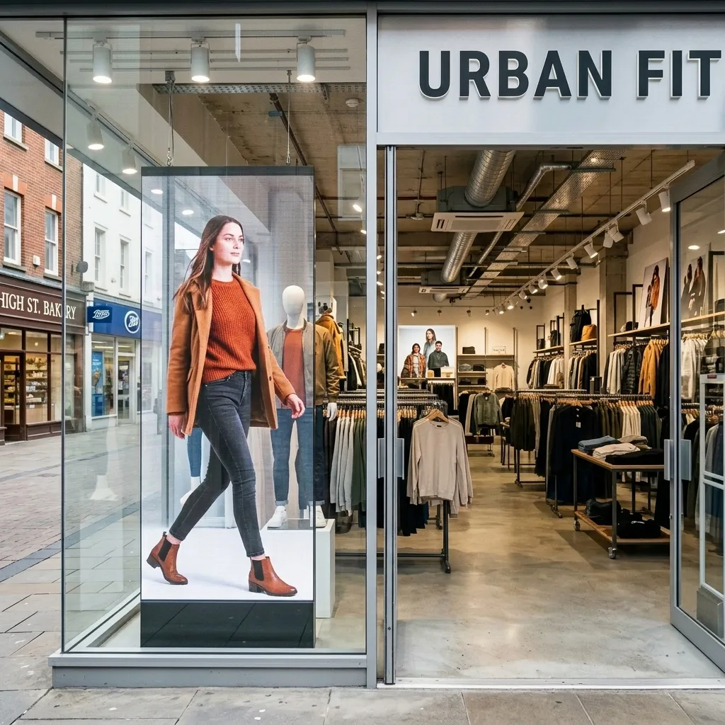 Fashion store storefront with a model walking behind a transparent LED strip
