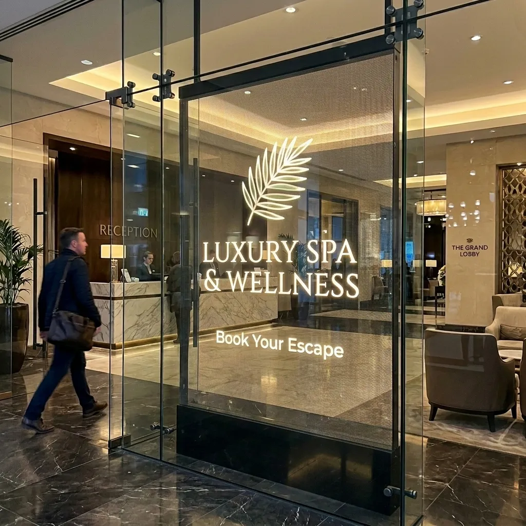Spa and wellness visuals on hotel entrance glass