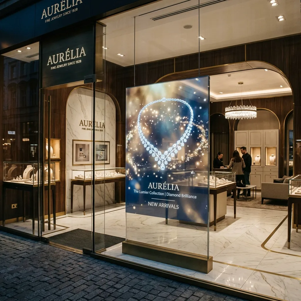 Jewelry boutique street facade with a necklace visual on the window