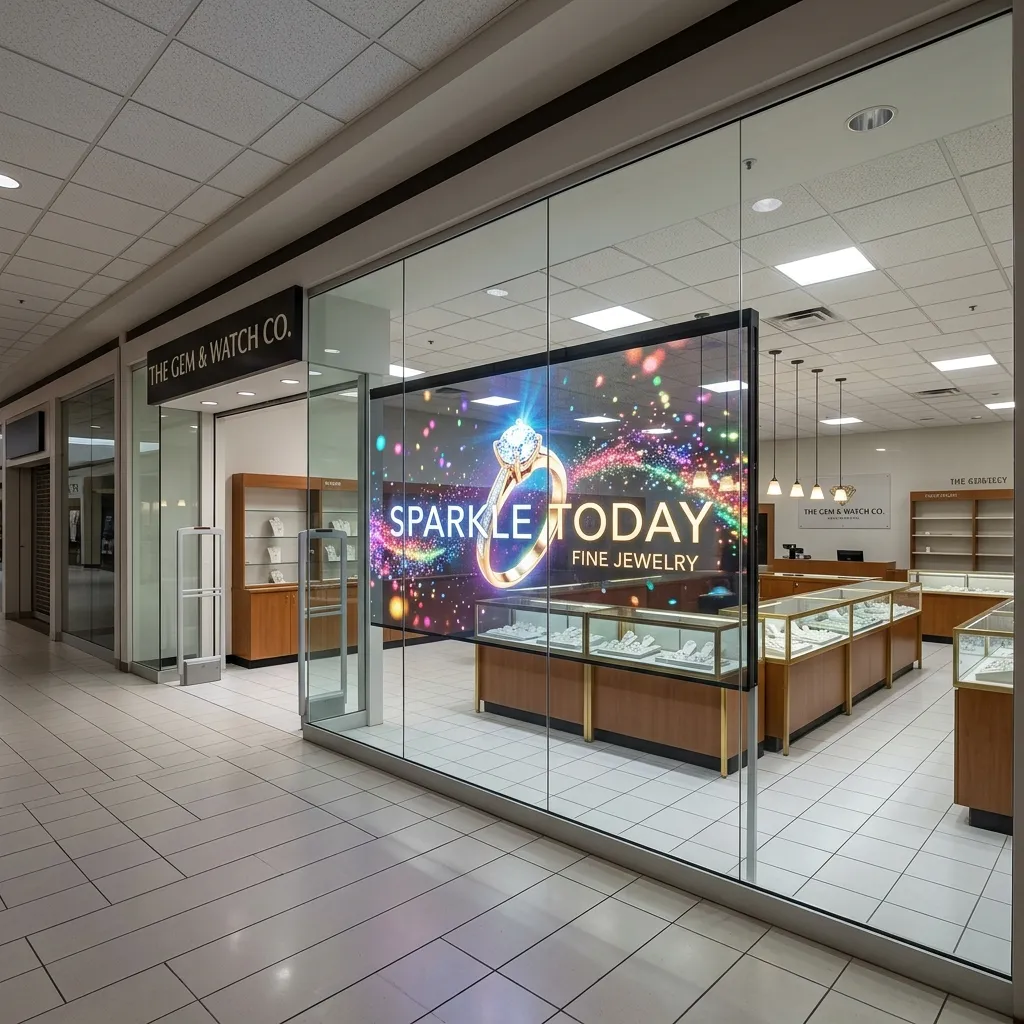 Jewelry store interior with a glowing display wall behind glass counters