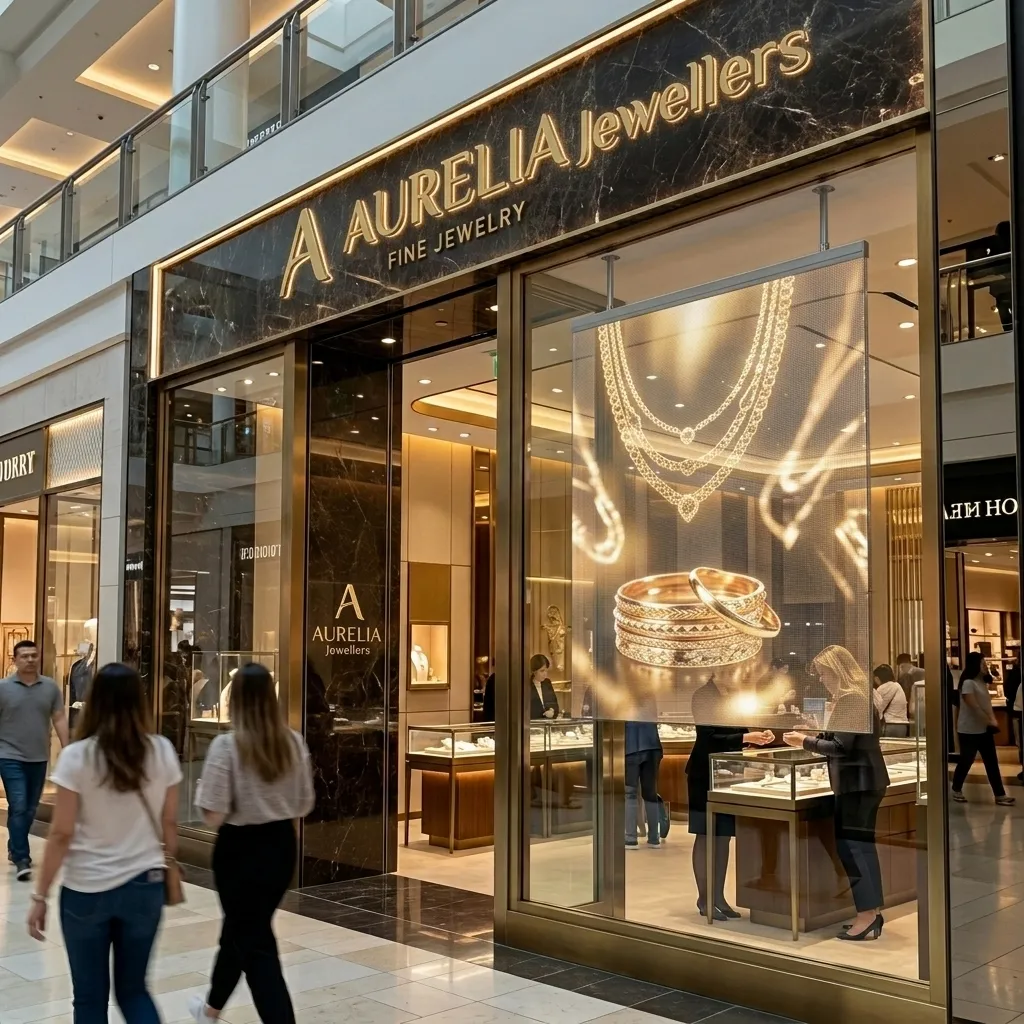 Jewellers mall facade with a golden ring and chain on transparent glass
