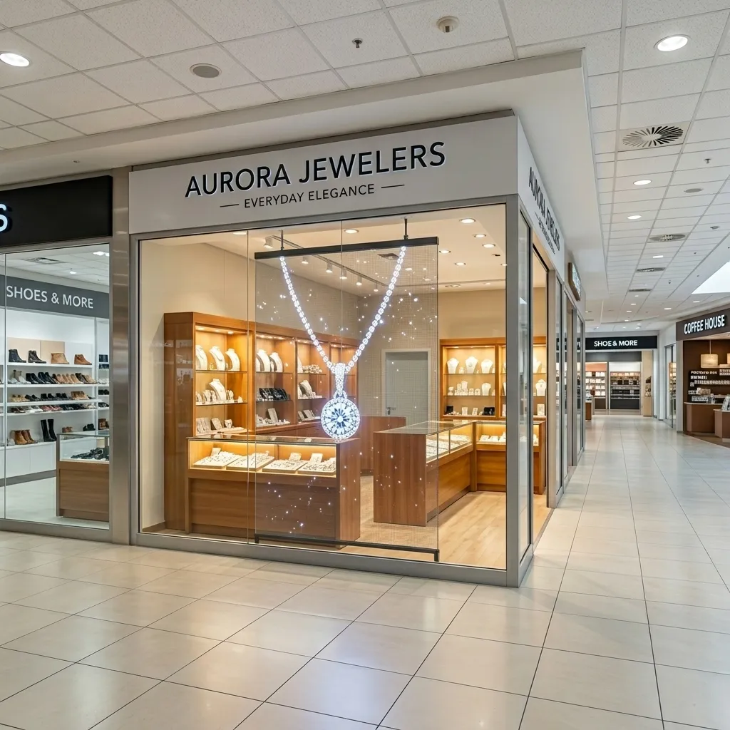 Jewelry store storefront in a shopping mall with a pendant on transparent glass