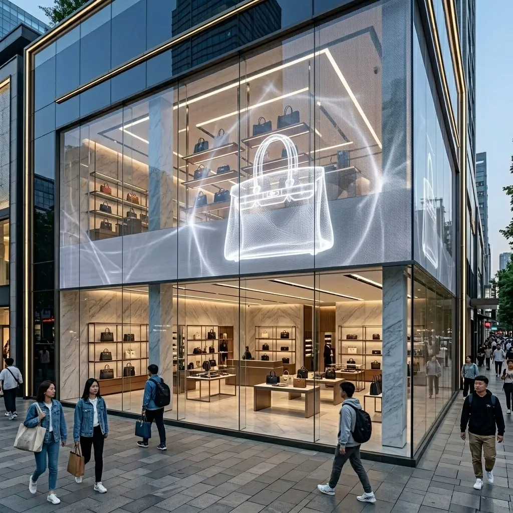 White handbag visual glowing on a luxury boutique facade