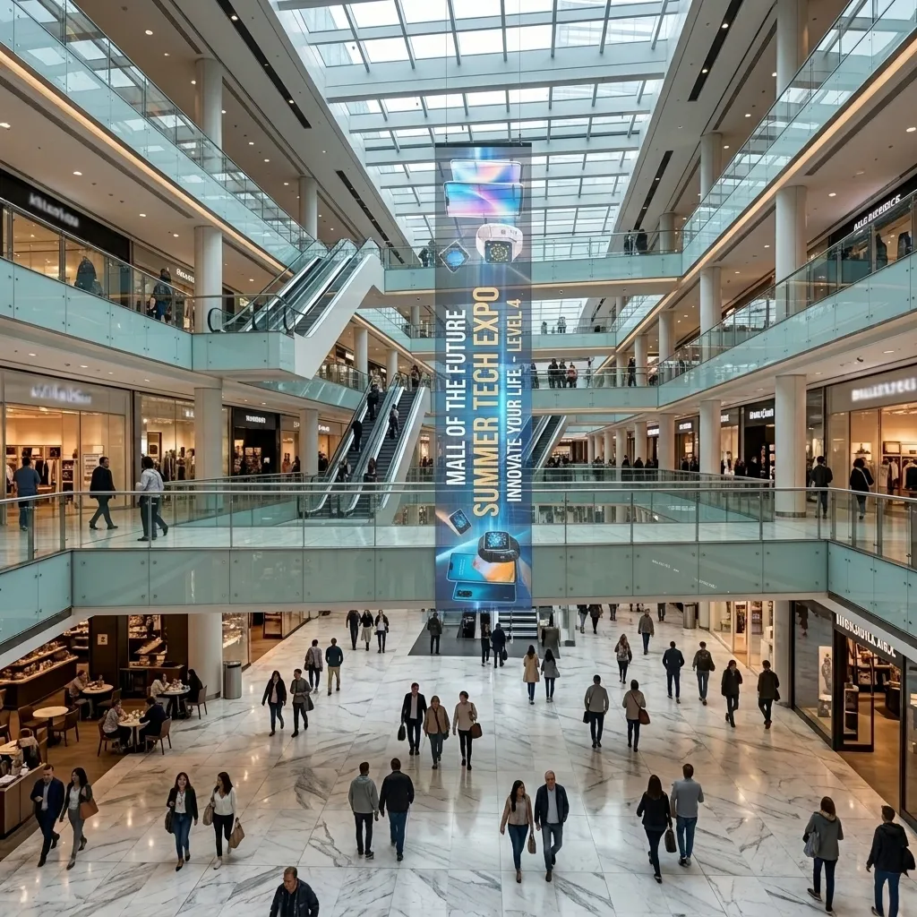 Vertical LED banner across a shopping mall atrium