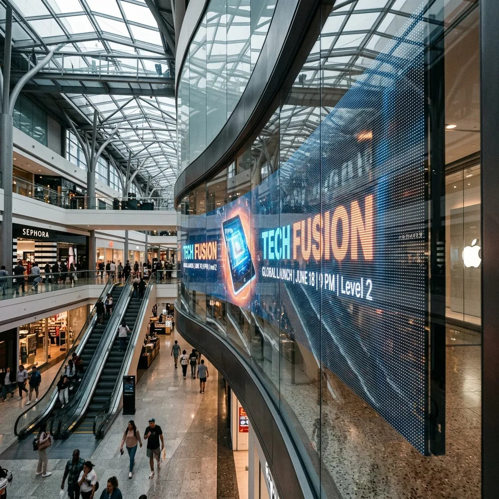 Campaign banner above escalators in a shopping mall
