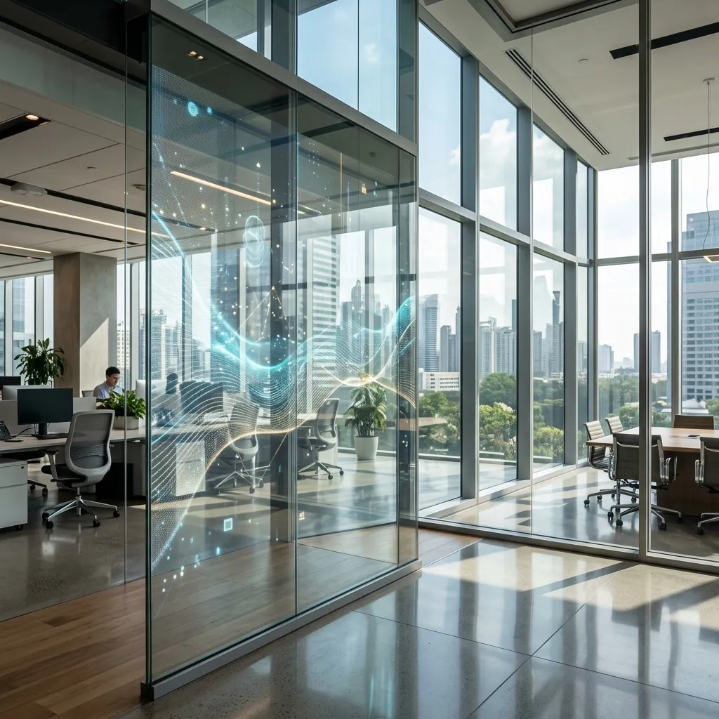 Office glass wall with flowing blue graphics overlooking the city