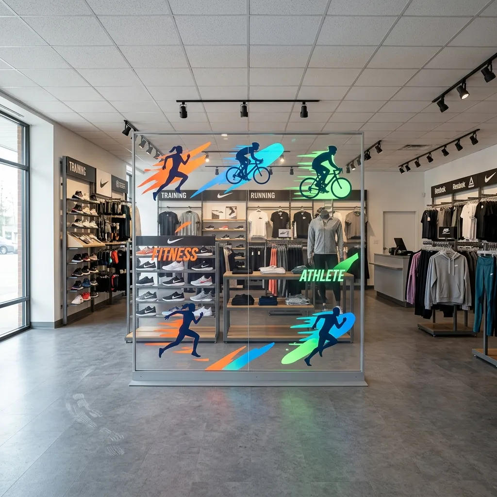 Athletes in motion across sportswear store glass