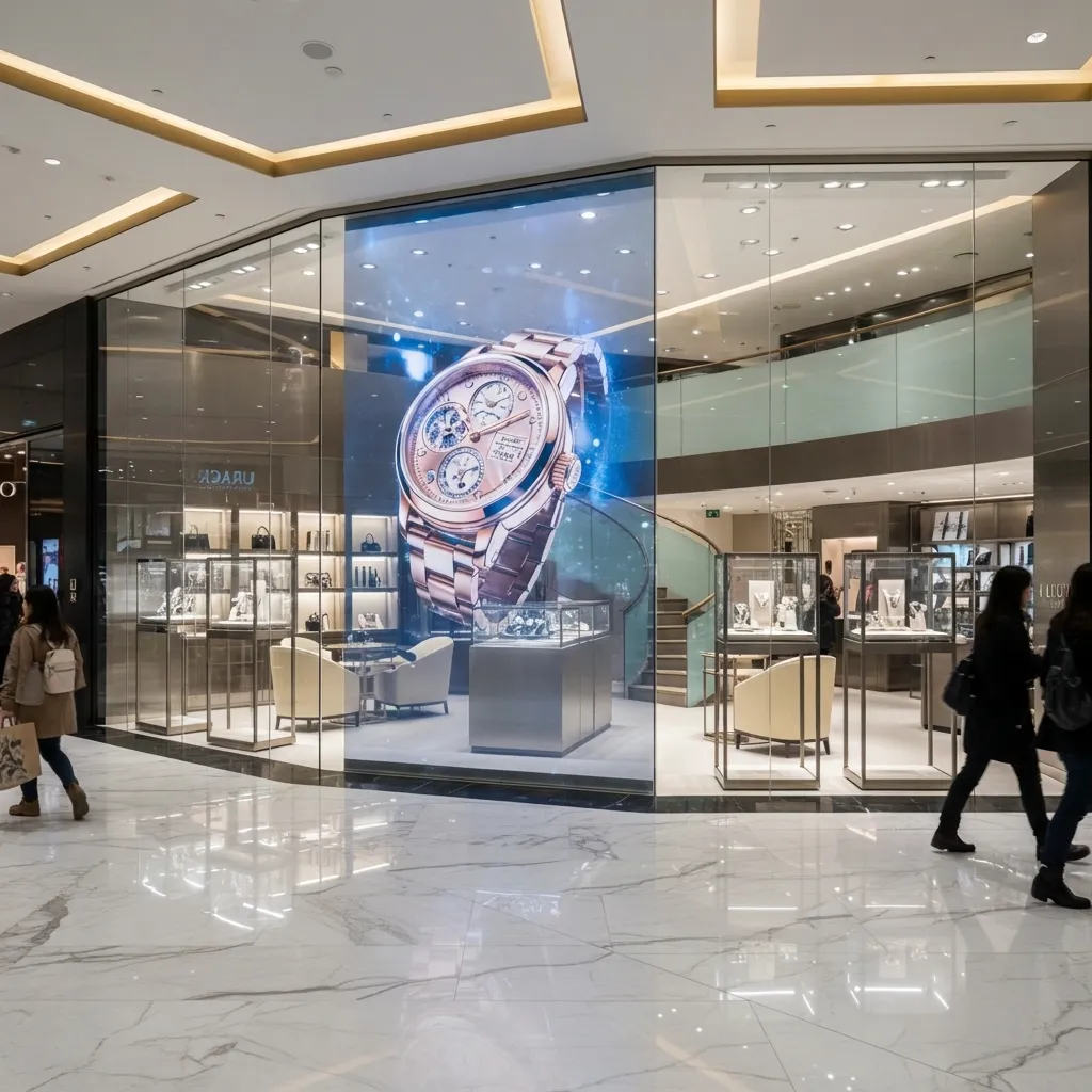 Luxury watch in a glass vitrine surrounded by a lounge setting
