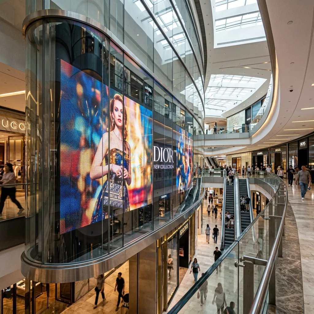 Luxury ad on curved glass beside mall escalators
