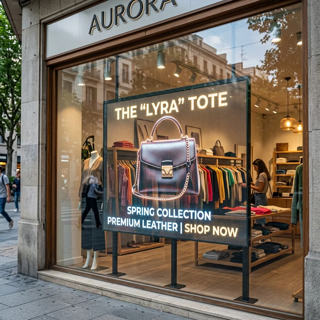 Street retail storefront with a tote bag campaign on transparent glass