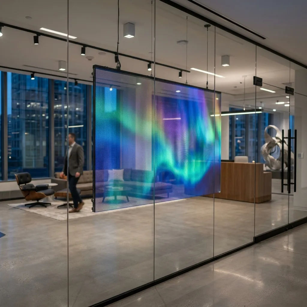 Iridescent gradient wall inside a shopping mall