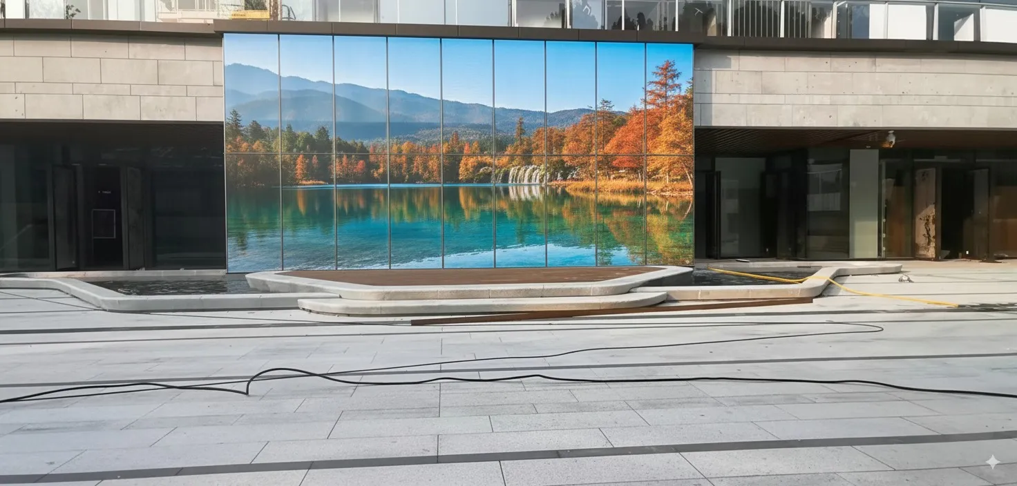 Transparent LED glass facade showing a mountain lake scene on a building plaza